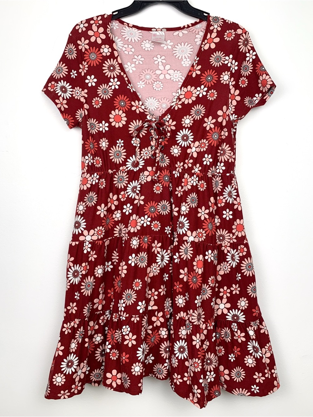 No Boundaries 90s-style tiered babydoll dress in red retro floral, Juniors Large